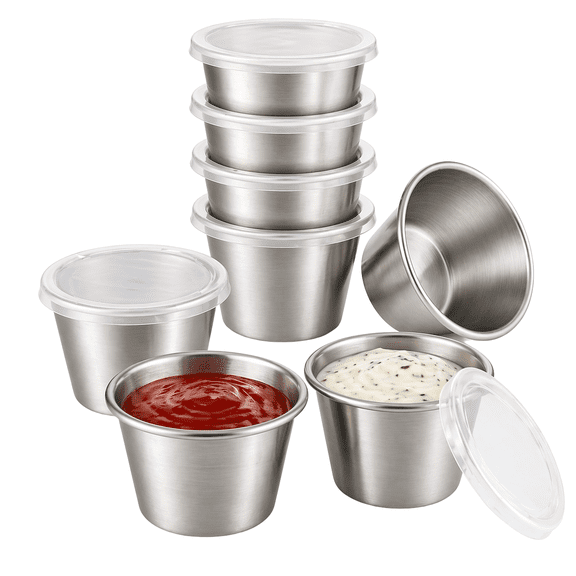 8 Pack Stainless Steel Sauce Cups with Lids 2 oz Condiment Containers Round Metal Dipping Cups BPA Free Snap On Lids Dishwasher Safe Stackable