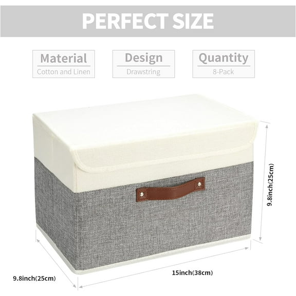 8 Pack Storage Bins Foldable Storage Boxes Fabric Storage Box with Lid & Handle Large Washable Organizer Bulk for Office, Home, Books, Clothes, Bedroom, Closet, (15INx10INx10IN White/Grey)