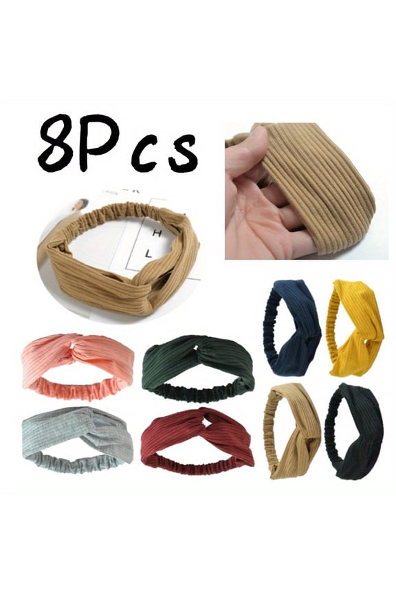 8-Pack Stretchy Cross Headbands for Petite Head Sizes - Adjustable 15.7-20.5 Inch Fabric Hair Bands for Women with Smaller Head Circumference