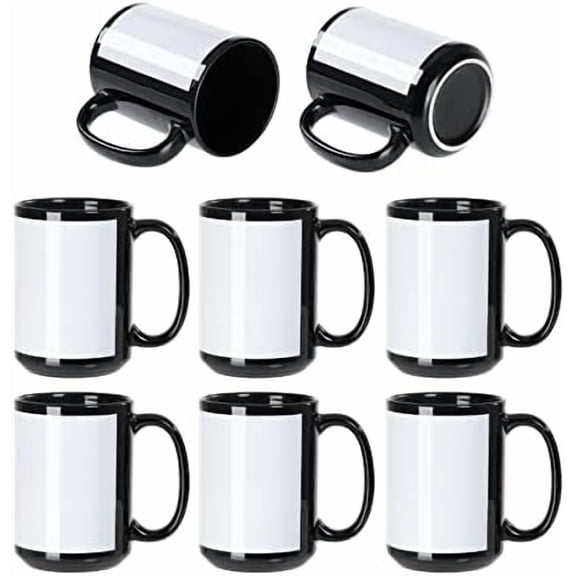 8 Pack Sublimation Coffee Mugs Blanks Black with White Patch 15 OZ Ceramic Photo Mugs Cups Bulk for Cricut Mug Press Print$$Art & Craft