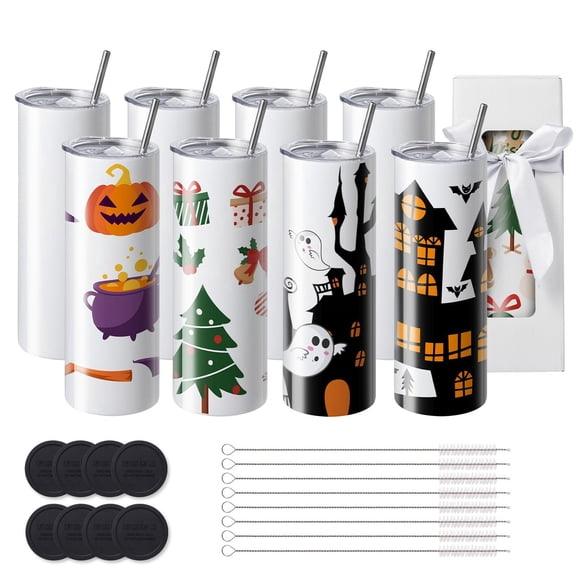 8 Pack 20oz Skinny Stainless Steel Sublimation Tumblers Blank Straight Double Wall Vacuum Insulated Cups with Lid Straw Shrink Wrap Gift Box for Heat Transfer DIY Personalized Gifts