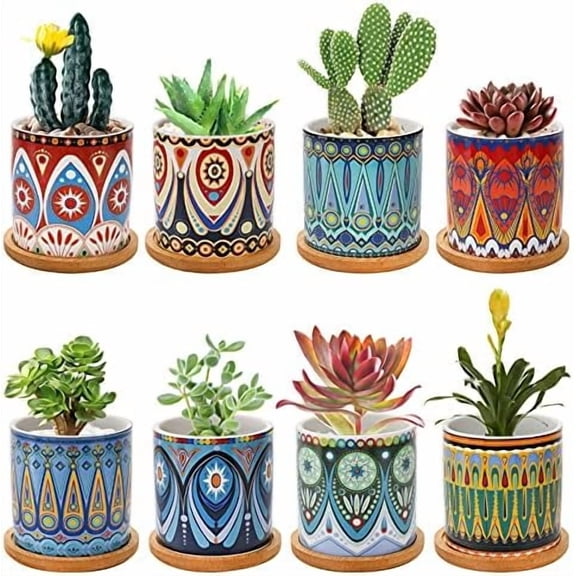 8 Pack Succulent Pots, Mini Ceramic Flower Planter Pot with Drainage Hole and Bamboo Tray for Cactus, Ferns, Herbs, Jade Plants - Mandala Style, Plants Not Included$$Garden & Patio