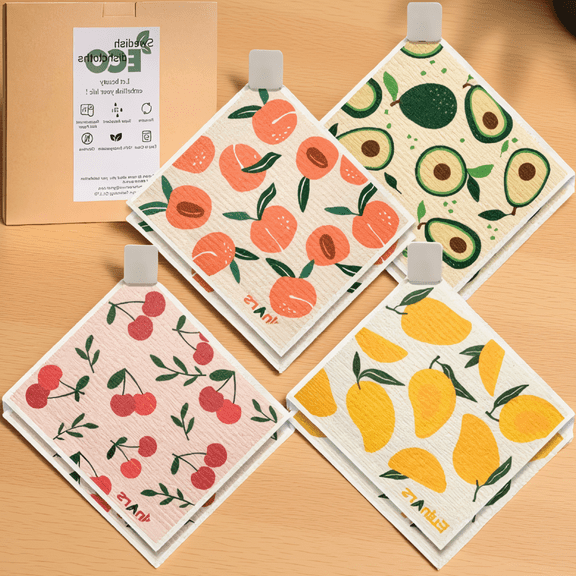 8 Pack Swedish Dishcloths, Reusable Cellulose Sponge Cloths for Kitchen, Absorbent Dish Towels with Clips and Labels, 4 Styles, 7.8 x 6.8 In