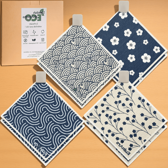 8 Pack Swedish Dishcloths for Kitchen, Reusable Cellulose Dish Cloths with Clips, Pattern, 7.8 x 6.8 Inch