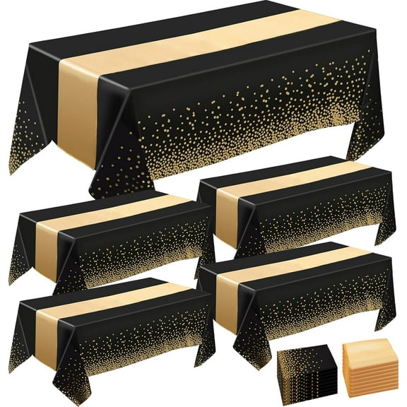 8 Pack Tablecloths and Satin Table Runner,Black and Gold Dot Tablecloth 54 x 108 Inch,Gold Satin Table Runners 11 x 108 Inch,Disposable Plastic Table Cloths for Parties Wedding Birthday Anniversary