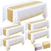 8 Pack Tablecloths and Satin Table Runner,White and Gold Dot Tablecloth 54 x 108 Inch,Gold Satin Table Runner 11 x 108 Inch,Disposable Plastic Table Cloths for Parties Wedding Birthday Anniversary