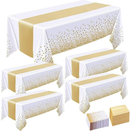8 Pack Tablecloths and Satin Table Runner,White and Gold Dot Tablecloth 54 x 108 Inch,Gold Satin Table Runner 11 x 108 Inch,Disposable Plastic Table Cloths for Parties Wedding Birthday Anniversary