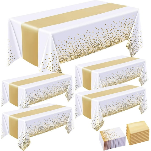 8 Pack Tablecloths and Satin Table Runner,White and Gold Dot Tablecloth 54 x 108 Inch,Gold Satin Table Runner 11 x 108 Inch,Disposable Plastic Table Cloths for Parties Wedding Birthday Anniversary