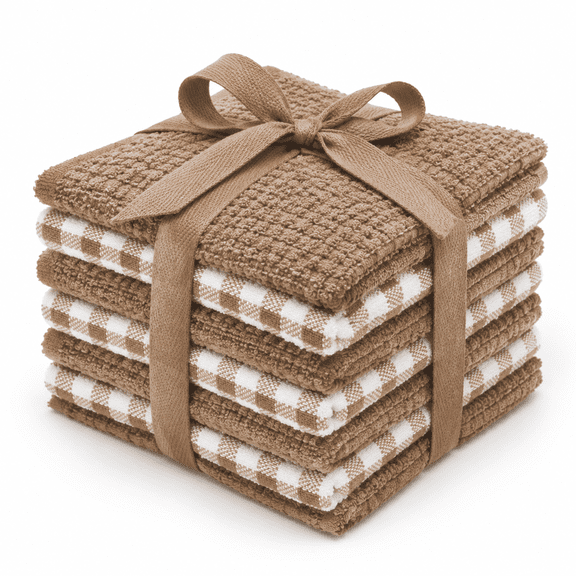 8 Pack Tan Solid and Check Cotton Terry Kitchen Towels and Dish Cloths