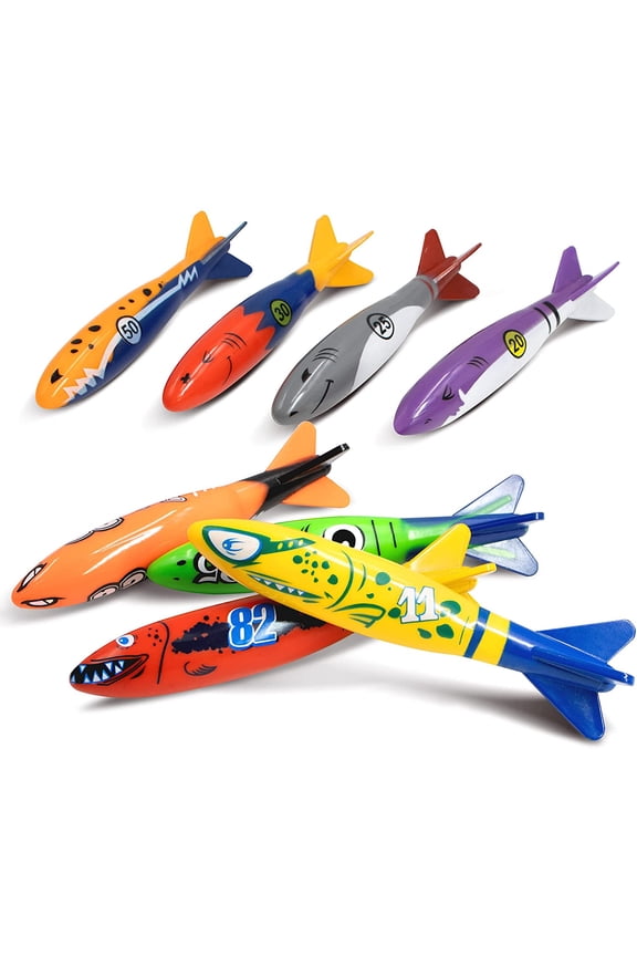 8 Pack Torpedo Bandits Diving Toy Rockets - Swimming Pool Underwater Game Shark Design
