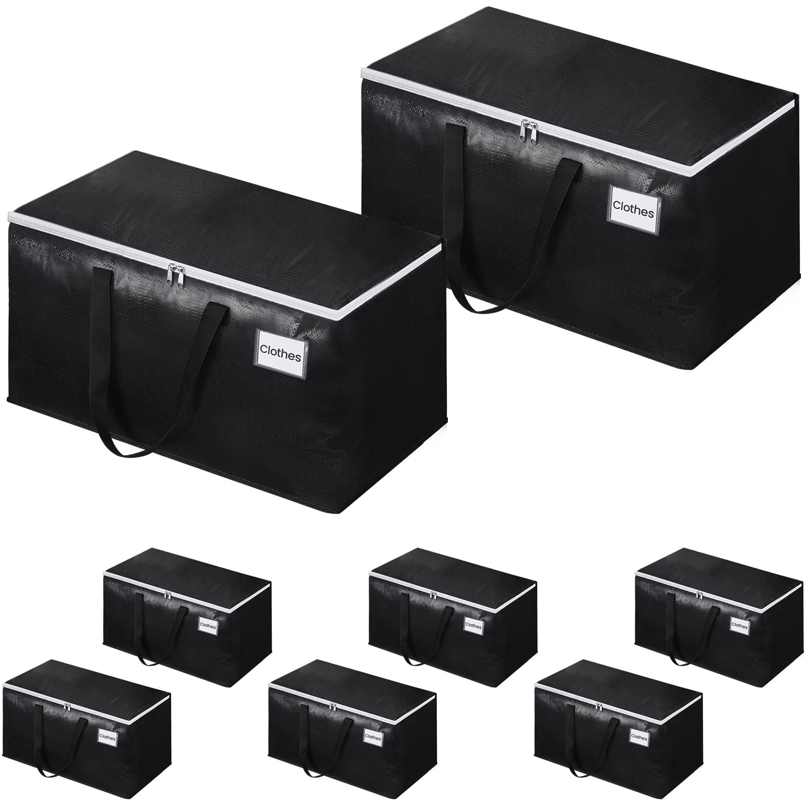 8 Pack Totes for Storage Large Moving Bags Heavy Duty, Moving Boxes with Zippers Top and Sturdy Handles, Dorm Storage Bags for Space Saving and Packing,Collapsible Moving Supplies(Black,93L)