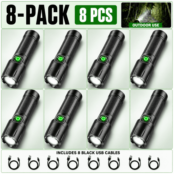 8-Pack USB Rechargeable Flashlights with 8 Black Charging Cables, Adjustable Focus and 3 Lighting Modes, Compact Portable Handheld Flashlight Set for Camping