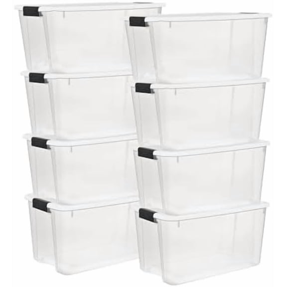 8 Pack Ultra Latching Box, Storage Bins with Lids, Clear Plastic, 70 Quart - Heavy-Duty Organizing Containers for Closet, Bathroom, and Office