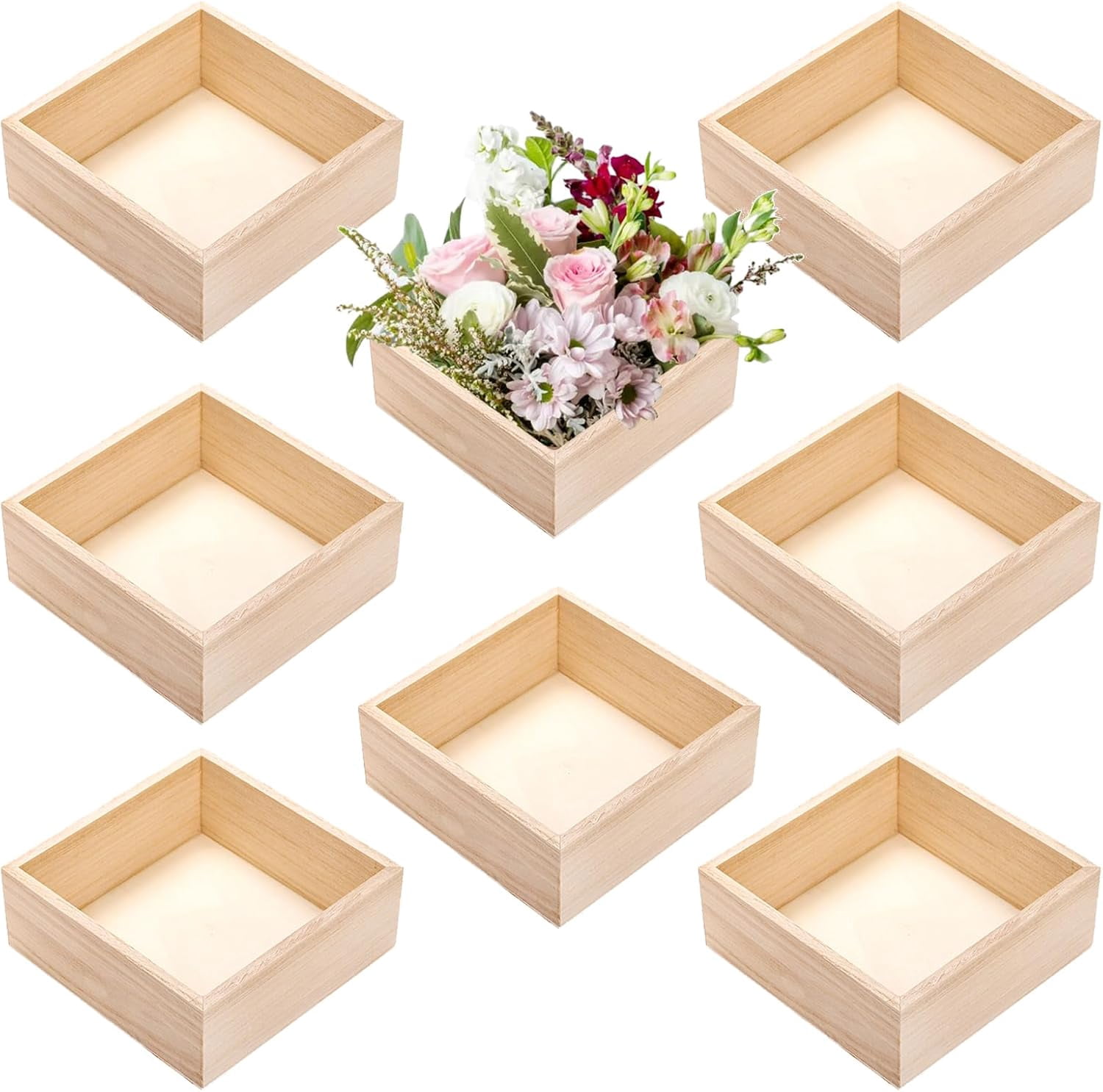 8 Pack Unfinished Wooden Box, 6 x 6 Inch Square Rustic Wooden Box Storage Organizer Boxes Small Wood Boxes for Crafts, Centerpiece, Home Decor, Storage, Collectibles, Succulent, Drawer