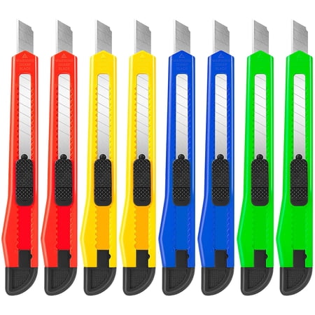 8 Pack Utility Knife Box Cutters (9mm Wide Blade Cutter 4 Colors) Box Cutter Retractable, Compact Utility Knives, Extended Use for Office, Craft, Razor Knife, Paper Knife, Disposable Box Opener