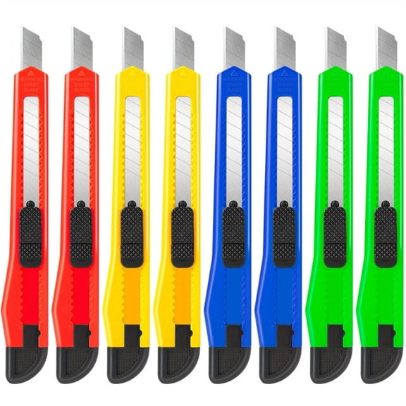 8 Pack Utility Knife, Compact Box Cutters, Retractable Box Cutter, Utility Knives for Office, Craft, Razor Knife, Paper Knife, Disposable Box Opener (9mm Wide Blade Cutter 4 Colors)