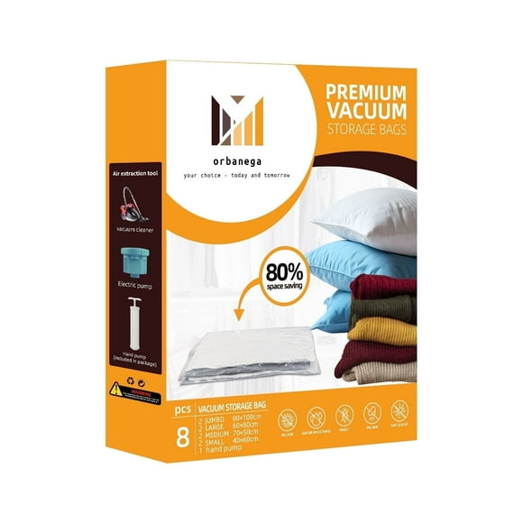 8 Pack - Vacuum Storage Bags, Space Saver Bags (2 Jumbo/2 Large/2 Medium/2 Small) Compression for Comforters and Blankets, Sealer bags for Clothes Storage, Hand Pump Included