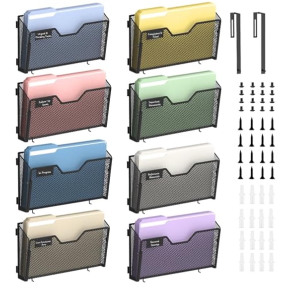 8 Pack Wall File Holder Metal Mail Organizer Wall Mounted Hanging File Organizer Over the Door Storage with 2 Hooks for Office Home and School with Label Panel