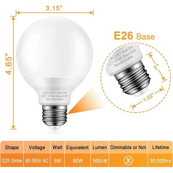 8 Pack Warm White Bathroom Light Bulbs, 60 watt Equivalent, E26 Medium Base, G25 LED Globe Light Bulbs for Bathroom Vanity, 2700K Round Light Bulb Over Mirror, 120V, Non-dimmable