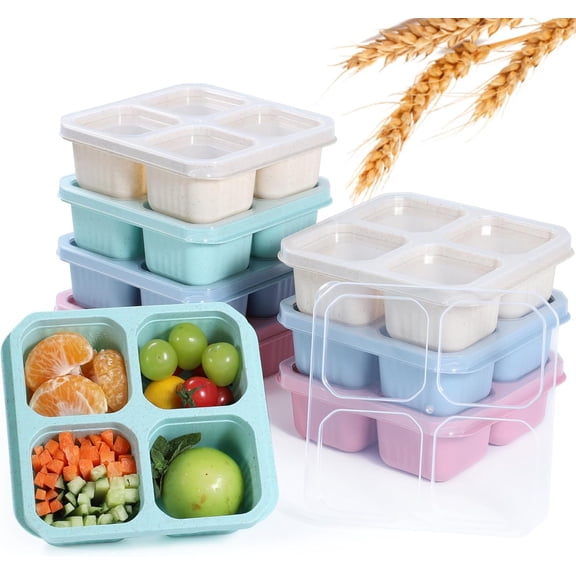 8 Pack Wheat Straw Snack Containers, 4-Compartment Bento Box with - , Stackable Meal Prep Storage for Work, Travel, and -the-Go