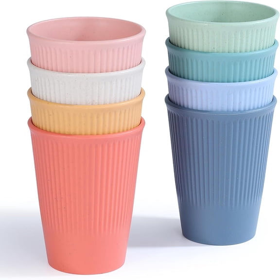 8 Pack Wheat Straw Tumblers, Eco-Friendly Reusable Drinking Cups, Unbreakable Ribbed Plastic Cups for Kitchen Home Party Picnic