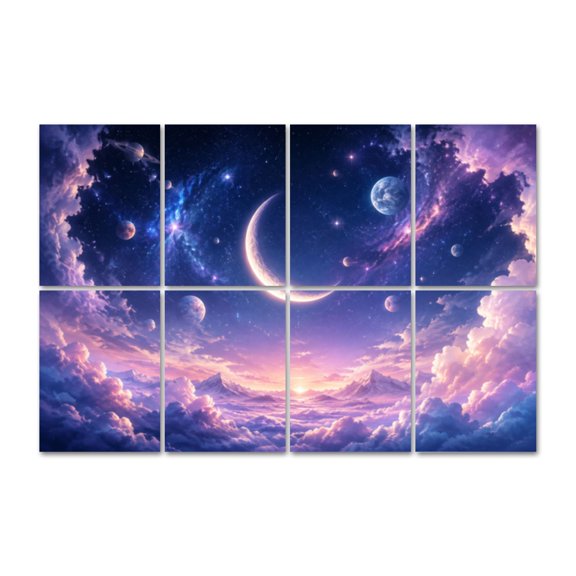 8 Pack Whimsical Night Sky Crescent Art Acoustic Panels Self-Adhesive planets stars colorful clouds fantasy Decorative Sound Absorbing Wall Panels for Recording Studio Living Room 48"x32"