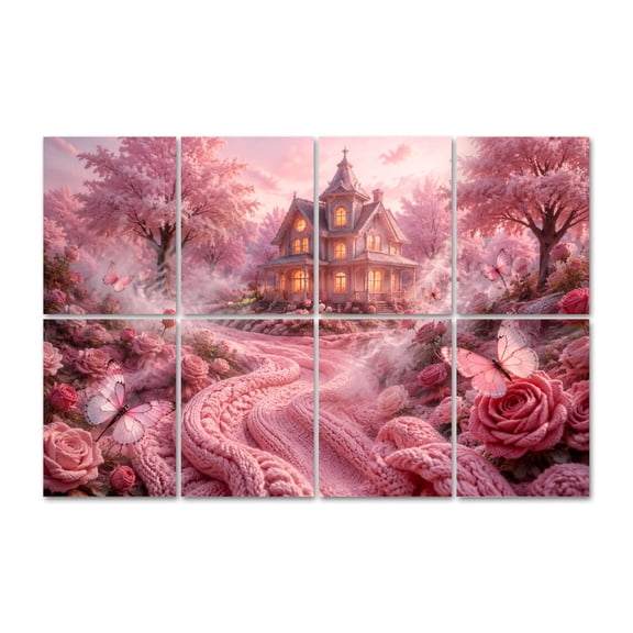 8 Pack Whimsical Victorian House Art Acoustic Panels Self-Adhesive Pink Roses Knit Pathway Butterflies Decorative Sound Absorbing Wall Panels, Sound Panels for Recording Studio Living Room 48"x32"