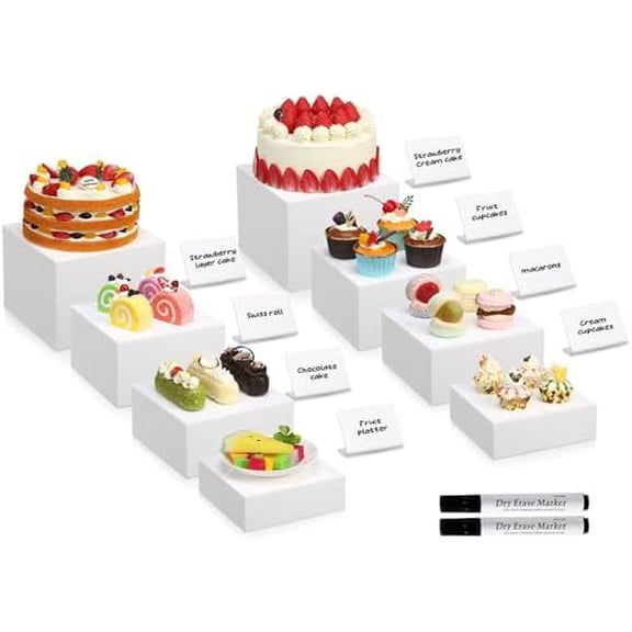 8 Pack White Acrylic Risers and 8 Display Signs 2 Markers, 6 to 8 Inch Food Risers Display Stands, Buffet Stands Nesting Cube Boxes for Catering Dessert Buffet Table Collectibles Supplies