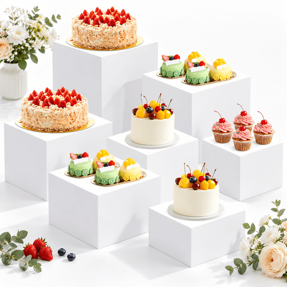 8 Pack White Buffet Risers, Stackable Plastic Display Stands for Parties and Events