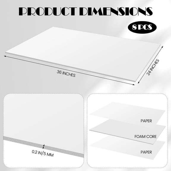8 Pack White Foam Board, 24 x 36 Inch Acid-Free Foam Core Board