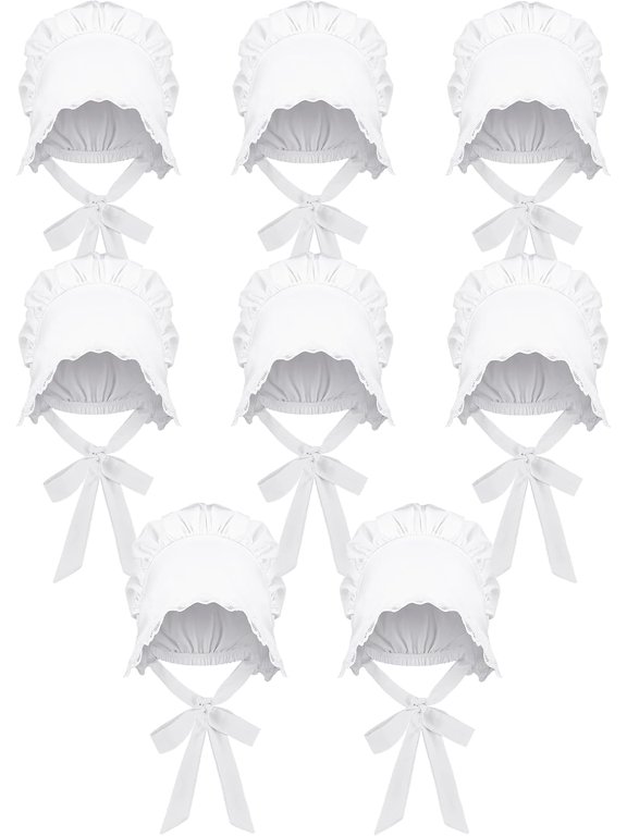 8 Pack White Mob Cap Women Colonial Bonnet Hat Grandma Mop Hat Lace With Adjustable Straps