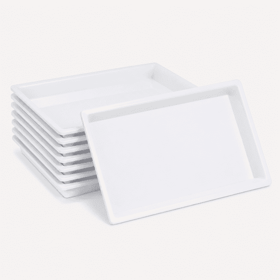 8 Pack White Plastic Serving Tray, Rectangle Food Trays, Disposable Serving Platter, Internal Inclined Design