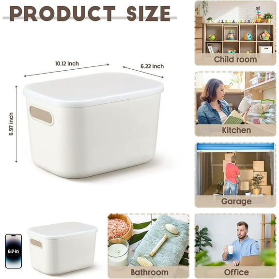 8 Pack White Plastic Storage Bins with Lids Stackable Containers for Home Office Organization