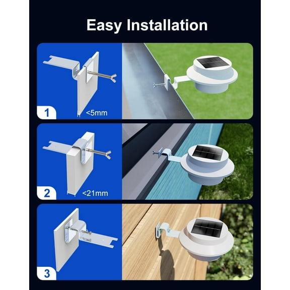 8 Pack White Solar Powered Gutter Lights Outdoor Decorative Waterproof Led Fence Lamp for Lighting Railing, Outside Wall, Deck, Garden, Path, Backyard, Sidewalk, Yard, , No Drilling Installation