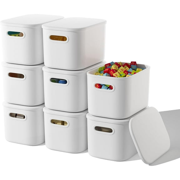 8 Pack White Storage Bins with Lids Stackable Storage Container for Organizing, Storage Boxes with Handle for Shelves, Cute Storage Bin for Craft, Snacks, 9.85x6.9x5.7 inch