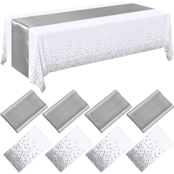 8 Pack White and Silver Disposable Tablecloths 54x108 Inch with Satin Table Runners 12x108 Inch for Weddings, Birthdays, Baby Showers, Christmas, New Year Parties