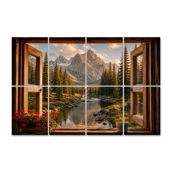 8 Pack Window View Mountain Forest Art Acoustic Panels Self-Adhesive Lake Nature Wilderness Decorative Sound Absorbing Wall Panels, Sound Panels for Recording Studio Living Room 48"x32"