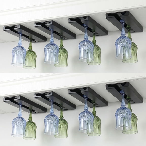 8 Pack Wine Glass Holder Under Cabinet Rack - Black Plastic Stemware Hangers for Kitchen, Bar, Restaurant Storage - Space Saving No Drill Installation
