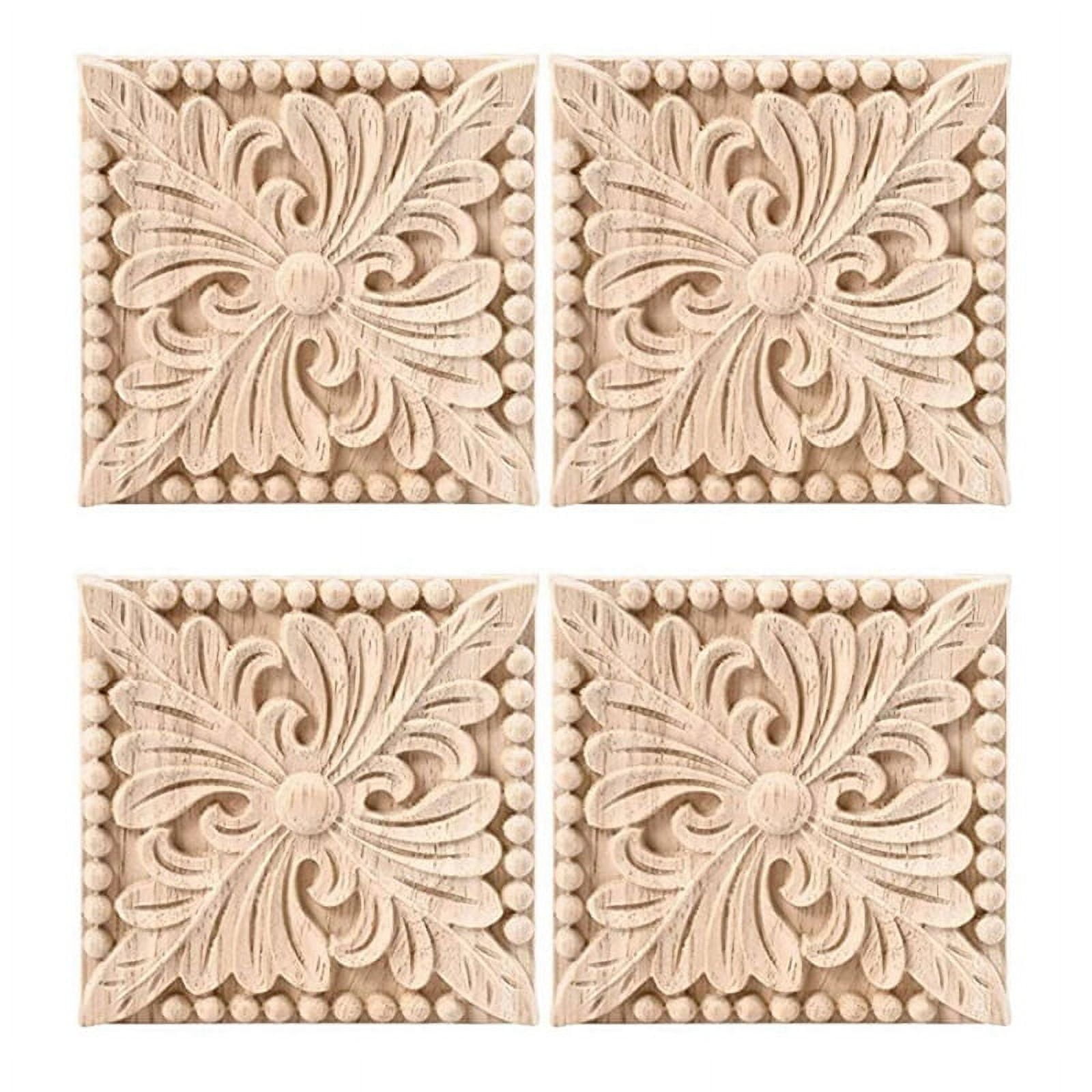 8 Pack Wood Carved Applique Onlay Square Carving Decal Unpainted Flower Door Cabinet Furniture Decoration 3.94X3.94Inch