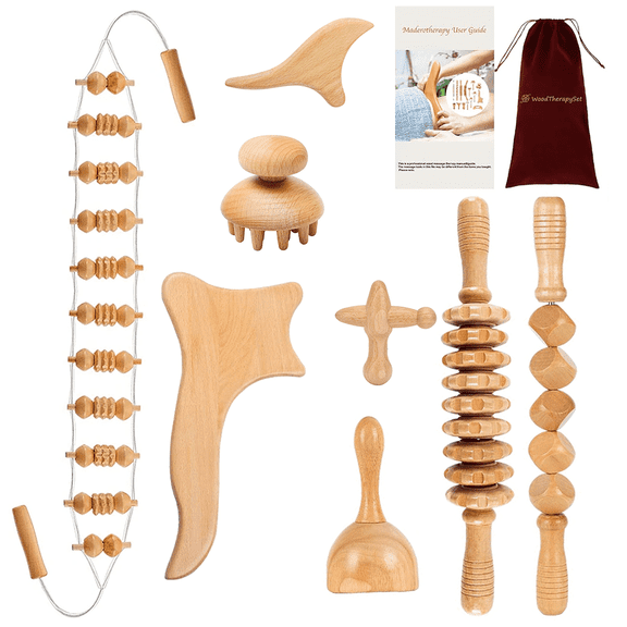 8-Pack Wood Therapy Massage Tools Set - for Body Shaping, Cellulite Massager, Maderoterapia Kit Colombiana, Lymphatic Drainage Massager - Relieve Neck, Back, and Waist Pain
