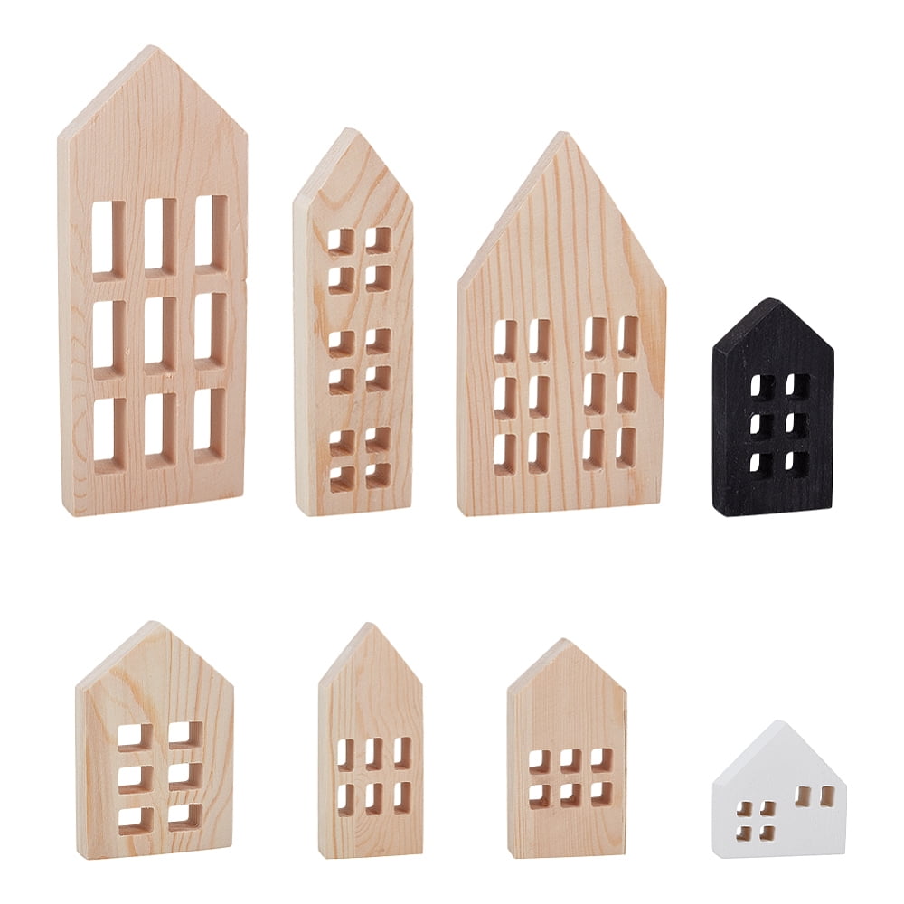 Block Shape House 8 Pack Wooden House Blocks Natural Pine Wood Blocks House Shaped Decor ...