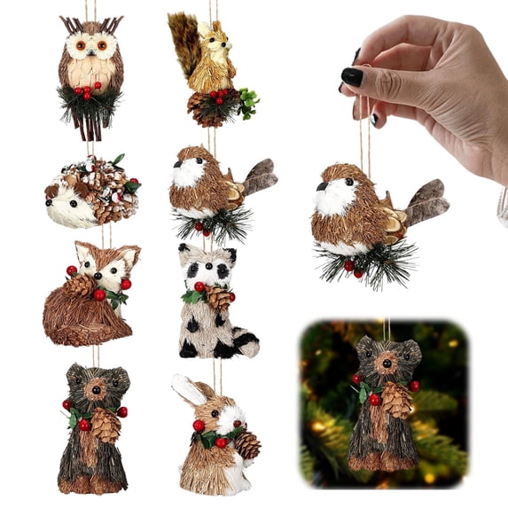 8 Pack Woodland Animal Christmas Ornaments, Rustic Sisal Straw Forest Friends with Pinecone Berry, Farmhouse Hanging Decor for Tree, Wreath & Garland