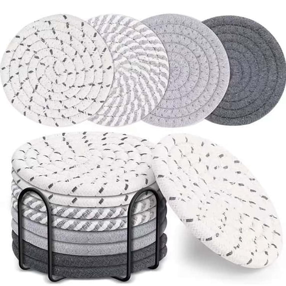 8 Pack Woven Drink Coasters with Holder, Round Absorbent Jute Coaster Set for Coffee Table, Heat Resistant Cup Coasters for Mugs Glasses Tea Cups, Farmhouse Tabletop Decor