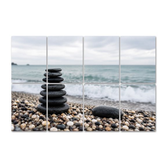 8 Pack Zen Stone Stack Art Acoustic Panels Self-Adhesive Pebble Beach Calm Ocean Waves Decorative Sound Absorbing Wall Panels, Sound Panels for Recording Studio Living Room 48"x32"