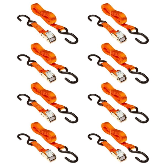 8-Pack of 1in x 10' Cam Buckle Straps with S-Hooks