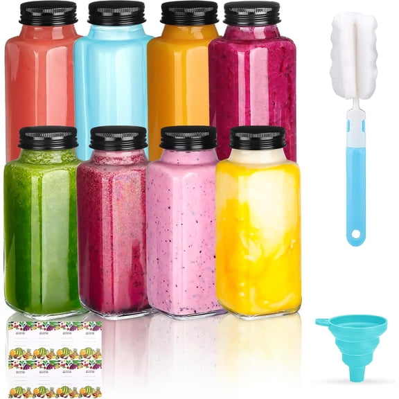 8 Pack oz Glass Juice Bottles with Lids & Labels, Reusable Travel Storage Containers, Clear Drink Jars for Juicing, Water, Ginger, Wellness Shots - Leakproof, Dishwasher Safe