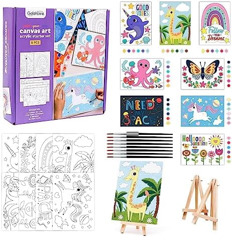 8 Packs 5x7 Pre Drawn Canvas Set,Paint by Numbers for Kids,48 Paints 8 Brushes 2 Easels,Pre-Printed Acrylic Oil Painting Kit Ages 8-12 9-12 4-8$$Art & Craft