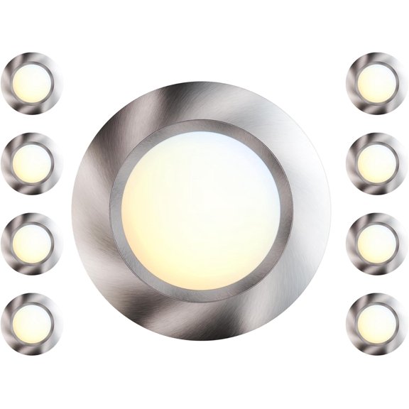 8 Packs 6 Inch LED Low Profile Screw in & Surface Mount Disk Light, Brushed Nickel, 5CCT Field Selectable, Round, 15W, 1000 Lumens, CRI80, Driverless, Dimmable, ETL & Wet Listed