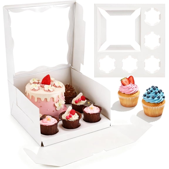8 Packs Bento Cake Box with Cupcakes, 1+5 Cupcake Box Combo with Clear Window,Fit 5 Cupcakex and 1 Mini Cake for Wedding Birthday Party Baby Shower Baking Supplies