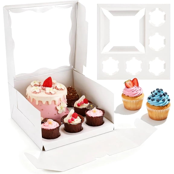 8 Packs Bento Cake Box with Cupcakes, 1+5 Cupcake Box Combo with Clear Window,Fi